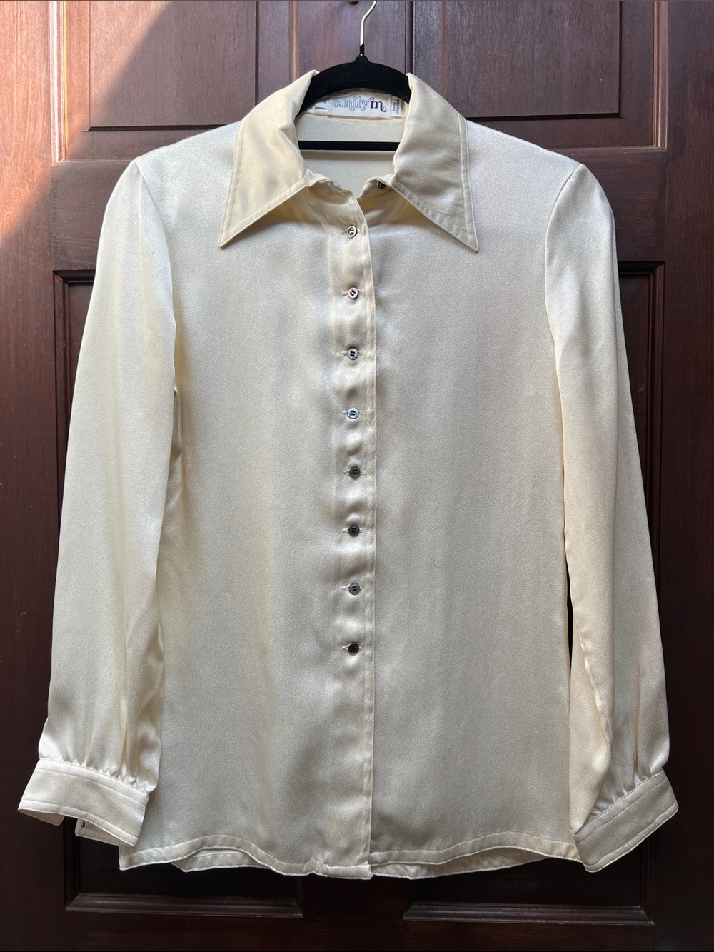 Classic Cream Satin Button-Down Blouse with Point Collar
